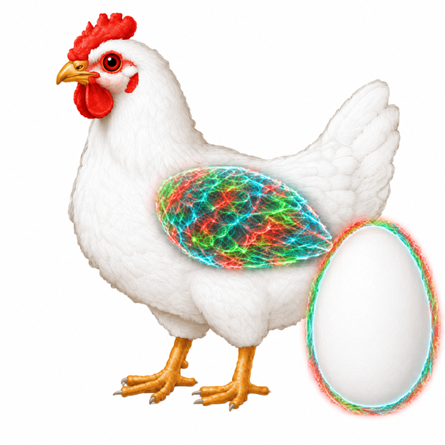 Tricolor reporter with mitochondrial, nuclear, and membrane markers chicken and egg depiction